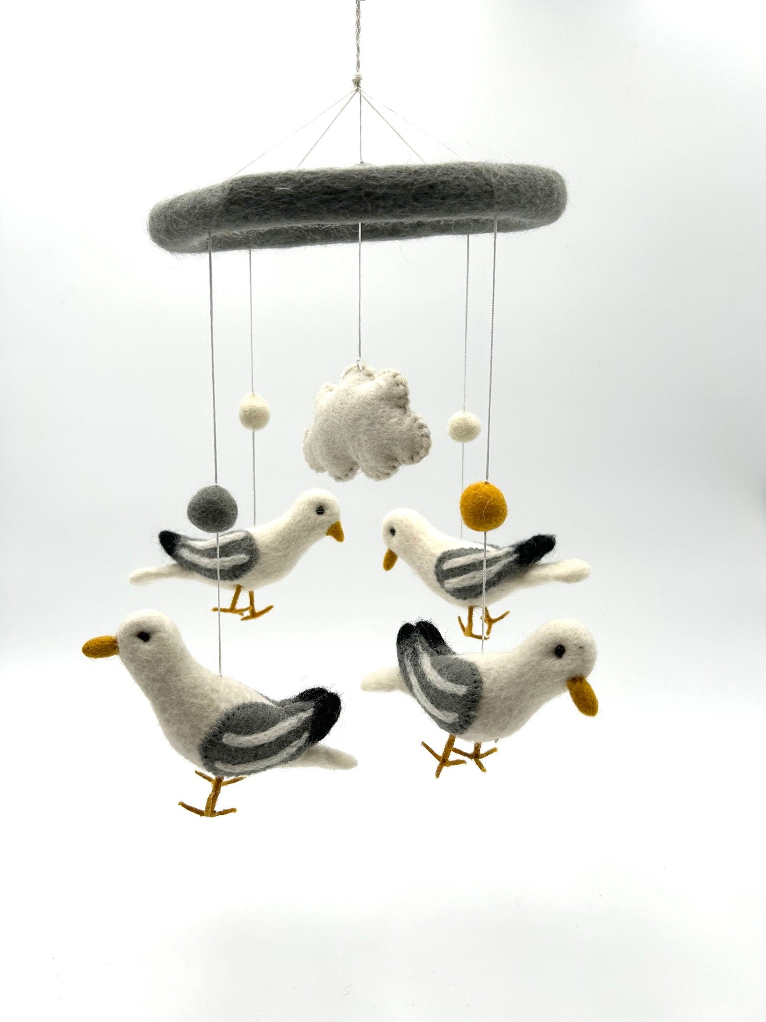 Mobilé Möwe, Kinderzimmer, Filz, Babyzimmer, Wolle, Schafswolle, Dekoration, Babybett, Geburt, Vogel Mobilé