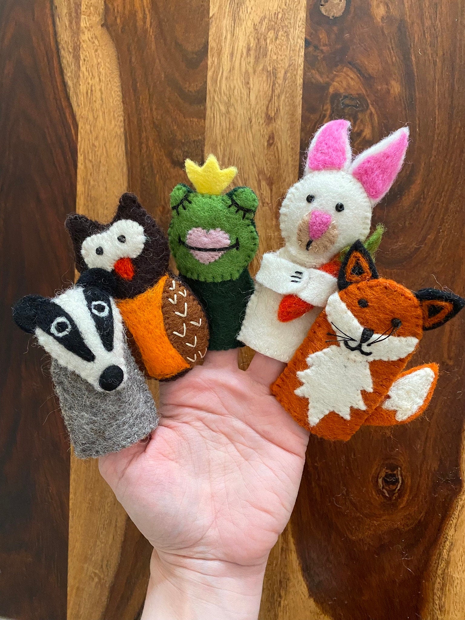 Fingerpuppen Waldtiere, Fingerspiel, Filz, Frosch, Eule, Fuchs, Dachs, Hase
