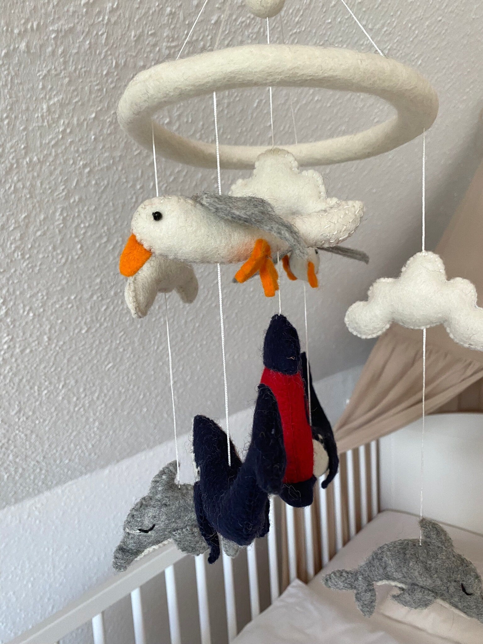 Leuchtturm Mobilé, Möwe, Walfisch, Delfin, maritim, Kinderzimmer, Filz, Babyzimmer, Wolle, Schafswolle, Dekoration, Babybett, Geburt, Orca