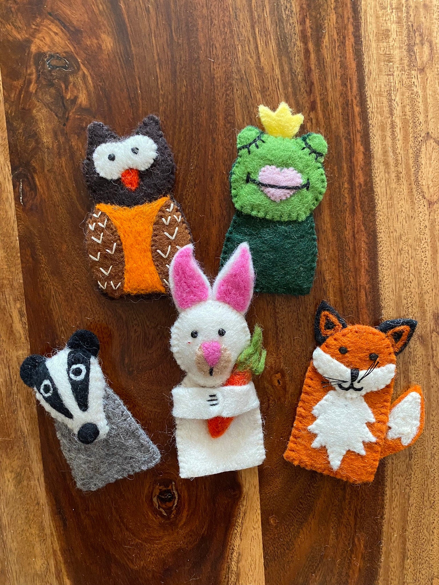 Fingerpuppen Waldtiere, Fingerspiel, Filz, Frosch, Eule, Fuchs, Dachs, Hase