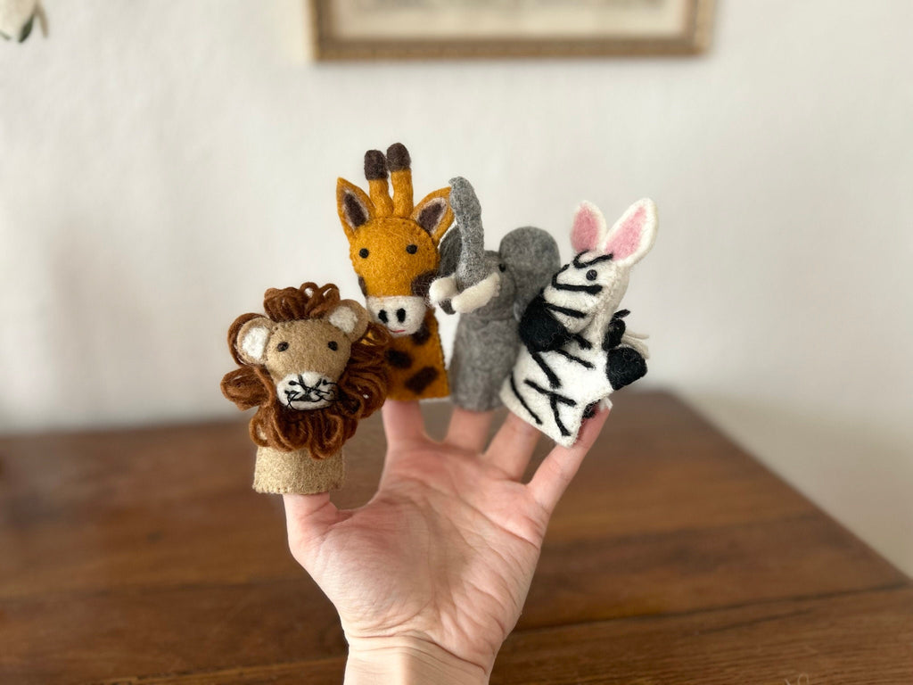 Fingerpuppen Wildtiere, Afrika, Safari, Fingerspiel Filz, Lernspiel, Löwe, Elefant, Zebra, Giraffe, Fingerspiel