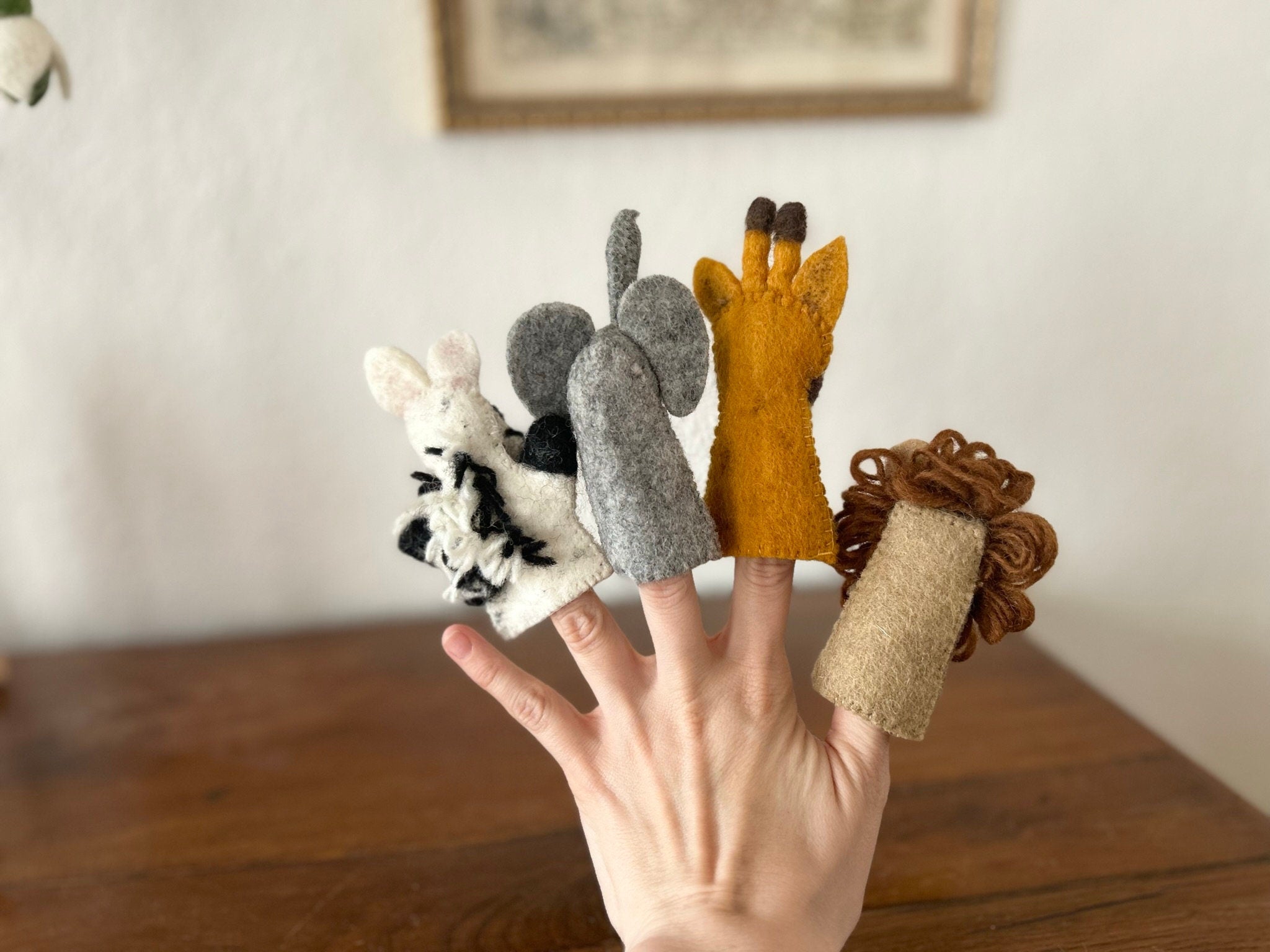 Fingerpuppen Wildtiere, Afrika, Safari, Fingerspiel Filz, Lernspiel, Löwe, Elefant, Zebra, Giraffe, Fingerspiel