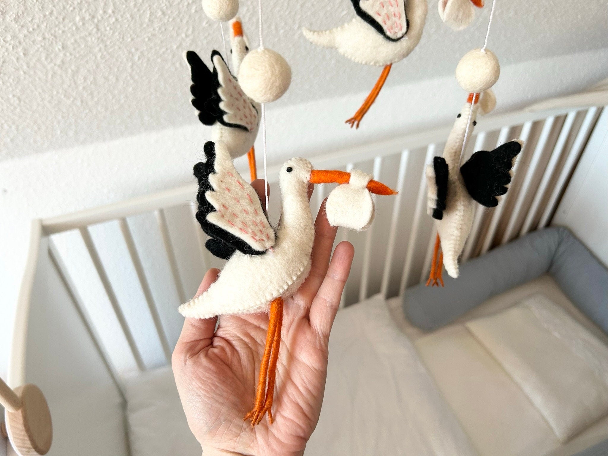 Storch Mobilé I Klapperstorch I Kinderzimmer Dekoration I Filz Deko I Babyzimmer I Geschenk zur Geburt I Babyshower I Babyausstattung