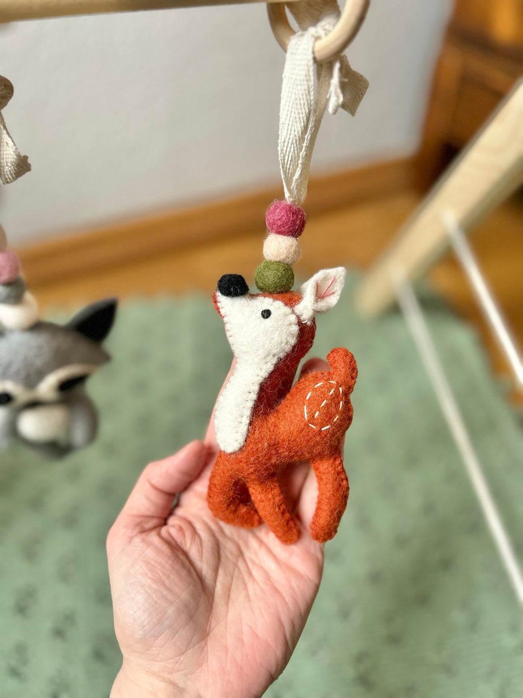 Spielbogenanhänger aus Filz I Spielbogenanhänger WaIdtiere I Fuchs Waschbär Igel Reh I Spieltrapez Anhänger I Baby Spielzeug
