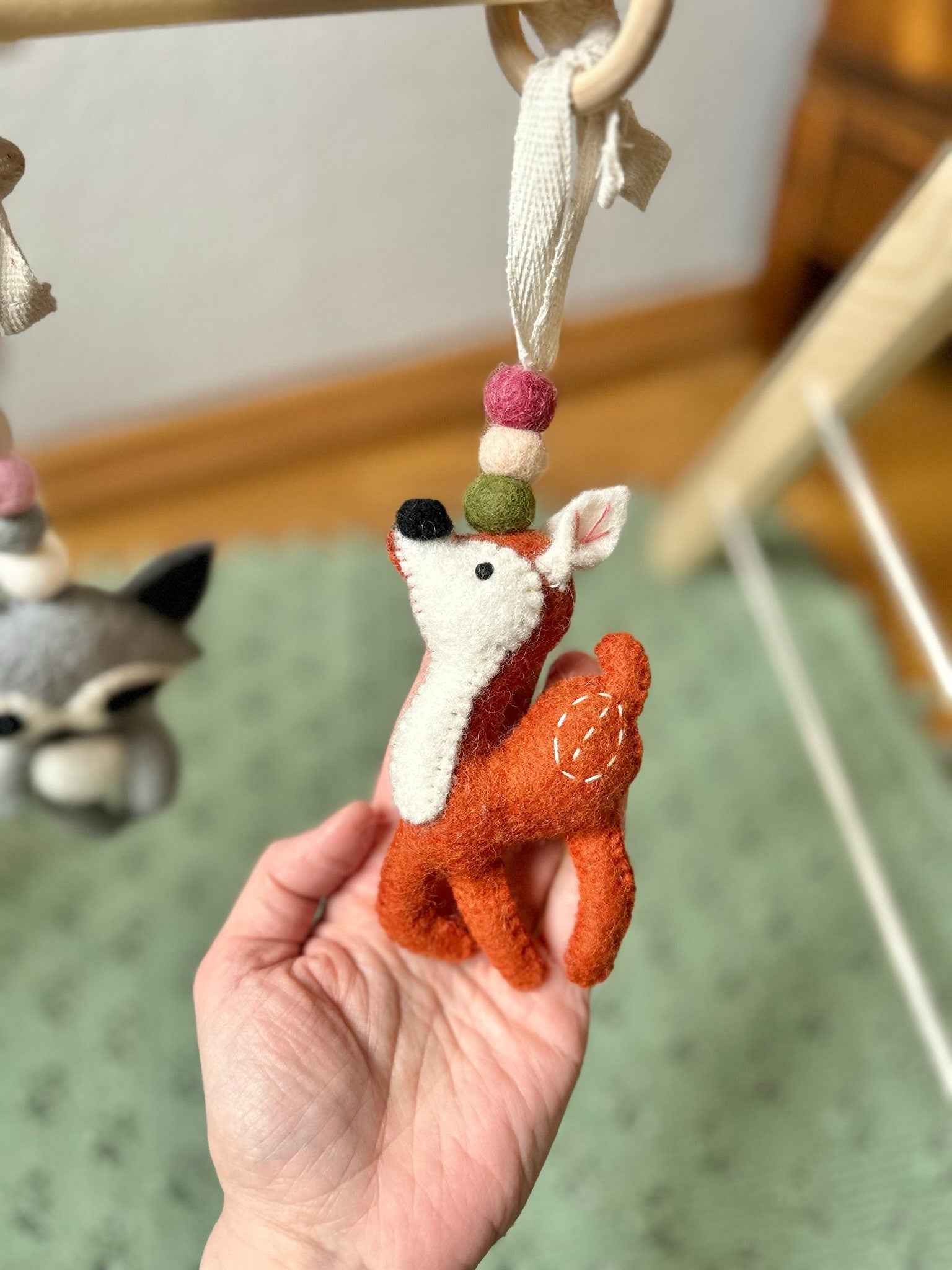 Spielbogenanhänger aus Filz I Spielbogenanhänger WaIdtiere I Fuchs Waschbär Igel Reh I Spieltrapez Anhänger I Baby Spielzeug