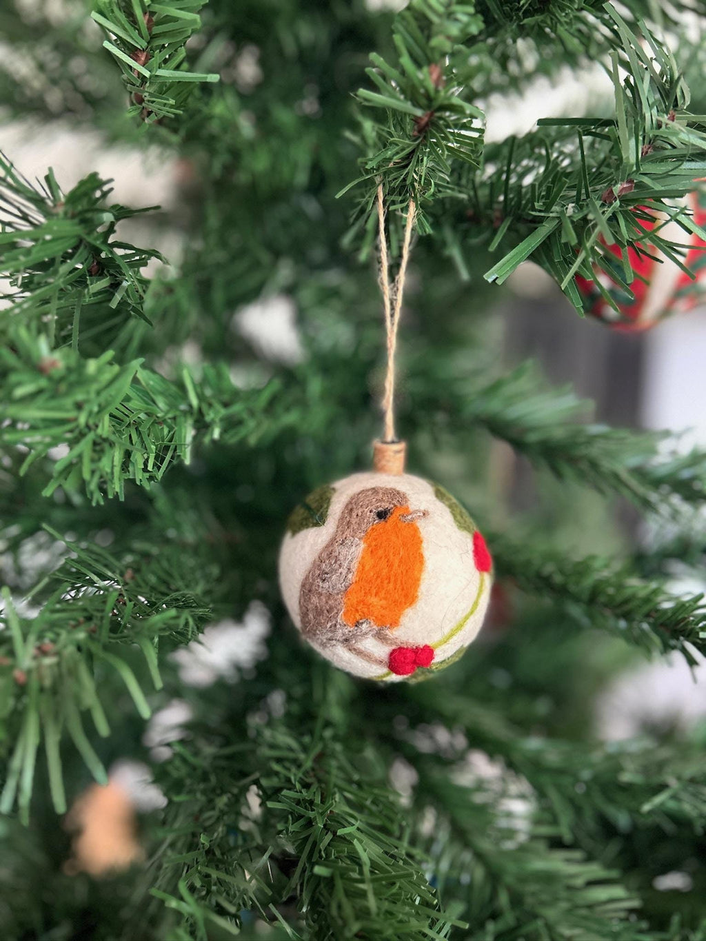 Weihnachtskugel Filz handgemacht I Weihnachtsdeko I Anhänger I Rotkehlchen Deko I Weihnachtsschmuck I Christbaumkuge Stechpalme Kugel Filz