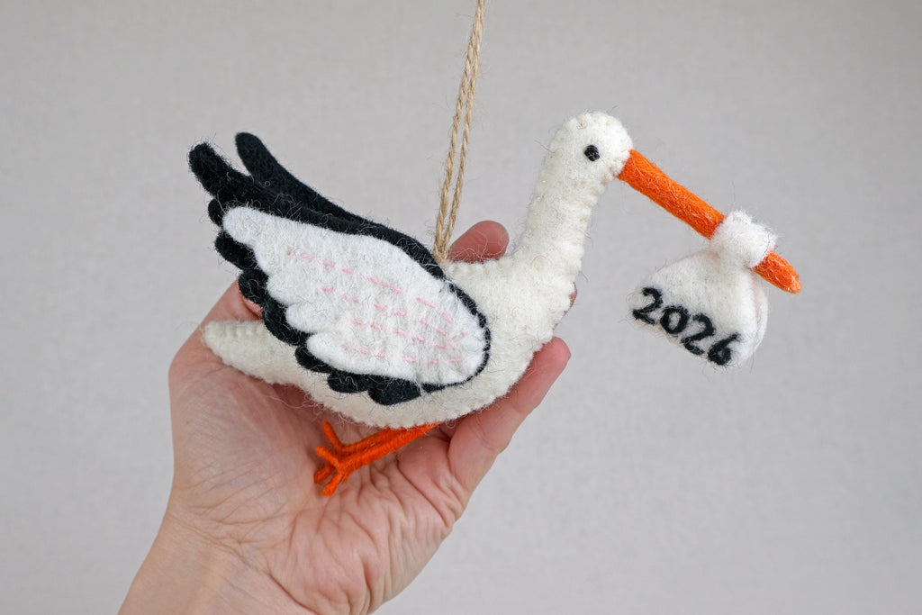 Storch 2026 aus Filz I Filz Christbaumschmuck I Weihnachtsdeko I Babyparty I Frühlingsdeko I Geburt I Schwangerschaftsverkündigung