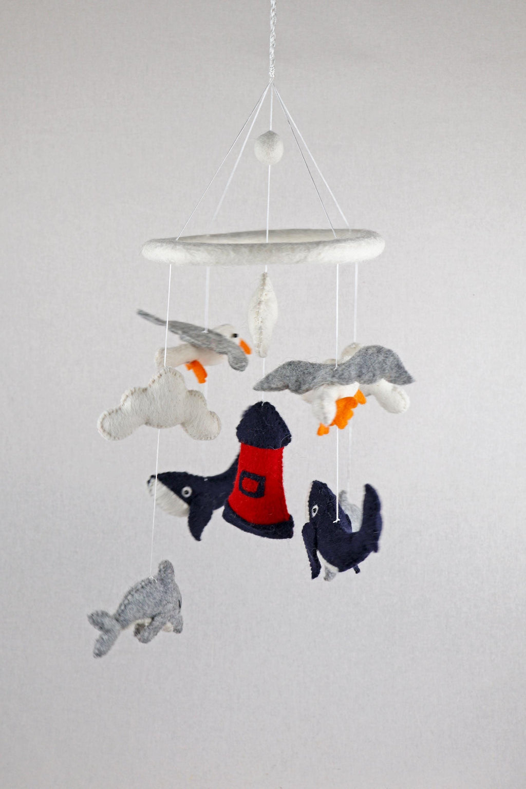 Leuchtturm Mobilé, Möwe, Walfisch, Delfin, maritim, Kinderzimmer, Filz, Babyzimmer, Wolle, Schafswolle, Dekoration, Babybett, Geburt, Orca