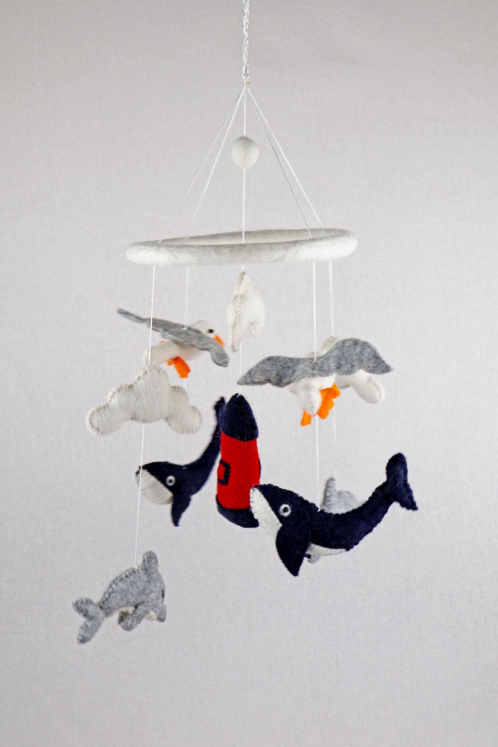 Leuchtturm Mobilé, Möwe, Walfisch, Delfin, maritim, Kinderzimmer, Filz, Babyzimmer, Wolle, Schafswolle, Dekoration, Babybett, Geburt, Orca