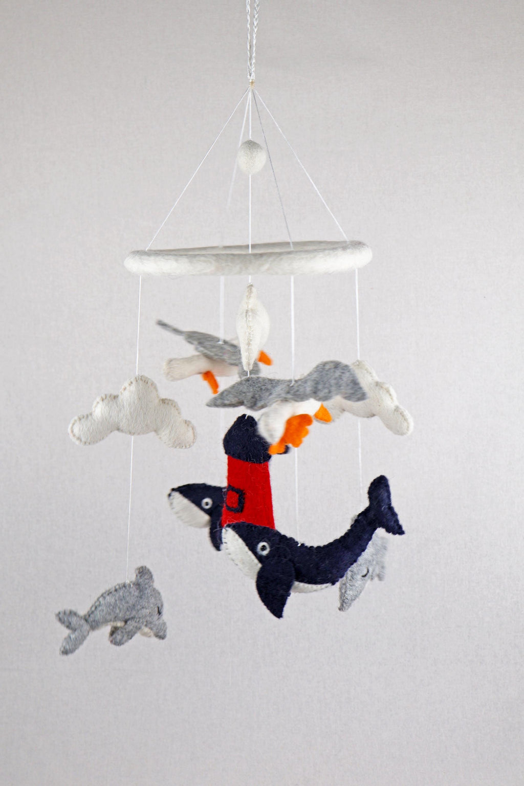 Leuchtturm Mobilé, Möwe, Walfisch, Delfin, maritim, Kinderzimmer, Filz, Babyzimmer, Wolle, Schafswolle, Dekoration, Babybett, Geburt, Orca