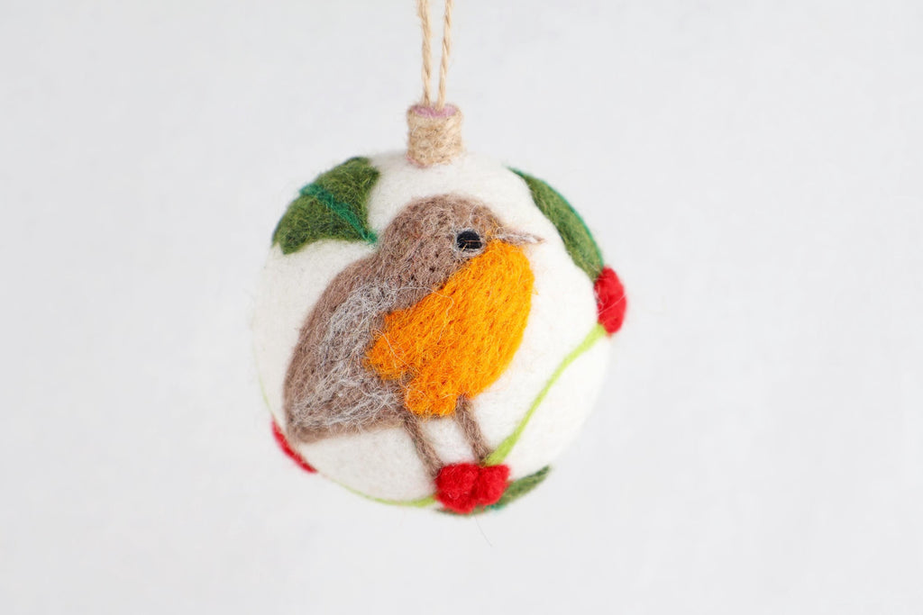 Weihnachtskugel Filz handgemacht I Weihnachtsdeko I Anhänger I Rotkehlchen Deko I Weihnachtsschmuck I Christbaumkuge Stechpalme Kugel Filz