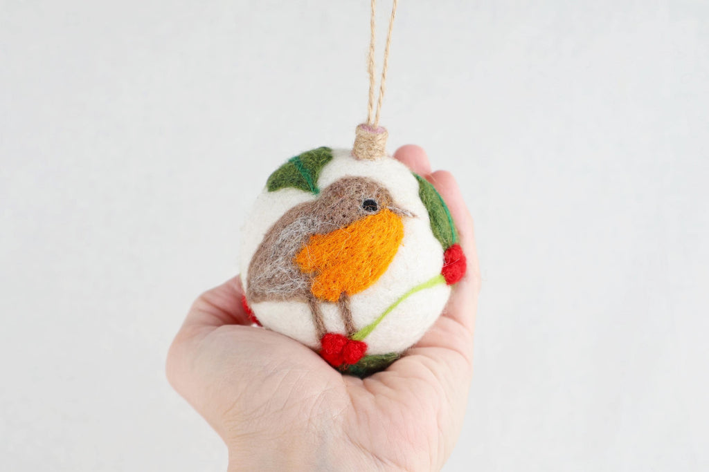 Weihnachtskugel Filz handgemacht I Weihnachtsdeko I Anhänger I Rotkehlchen Deko I Weihnachtsschmuck I Christbaumkuge Stechpalme Kugel Filz